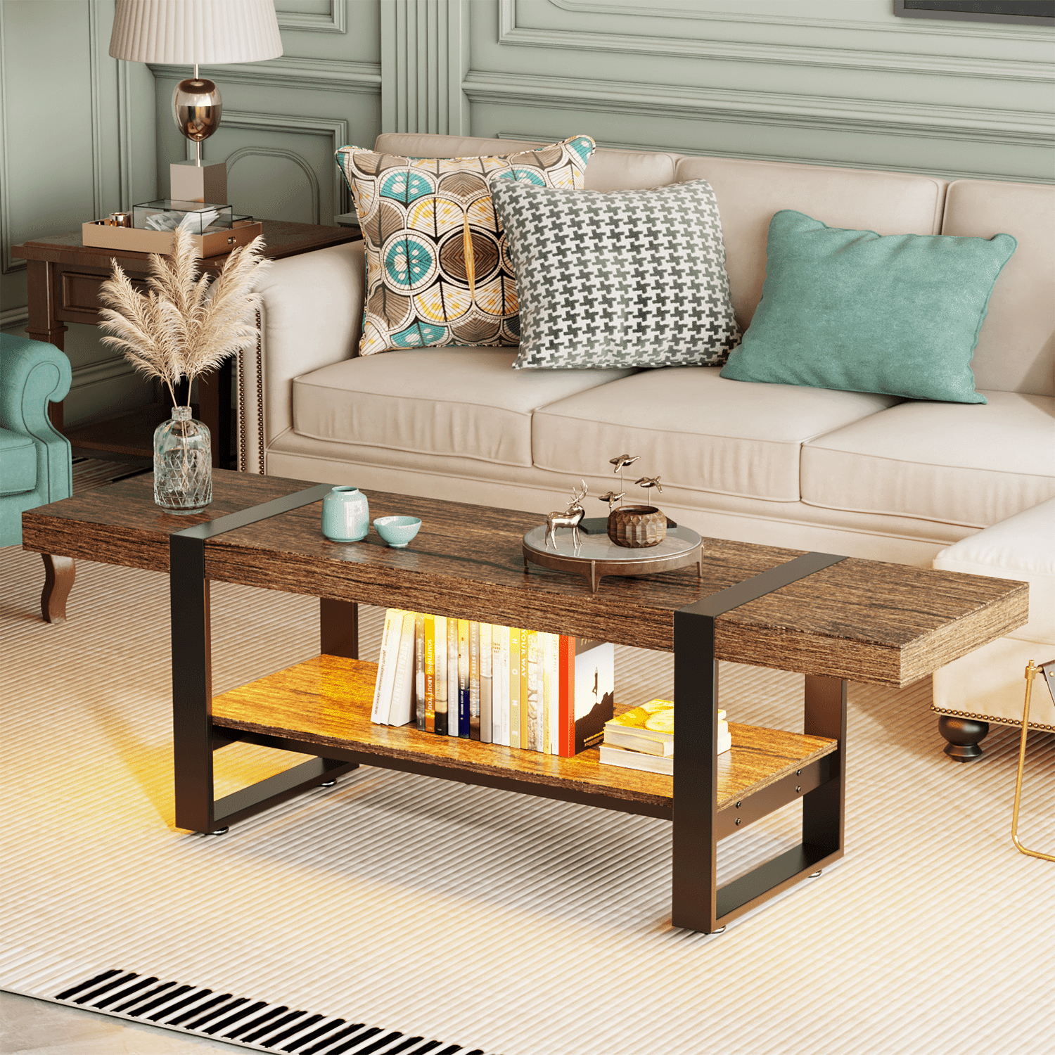 Behost Coffee Table for Living Room with Storage Shelf Farmhouse Style Center Table with Charging Station & Type-C Ports Easy Assembly Rustic Brown