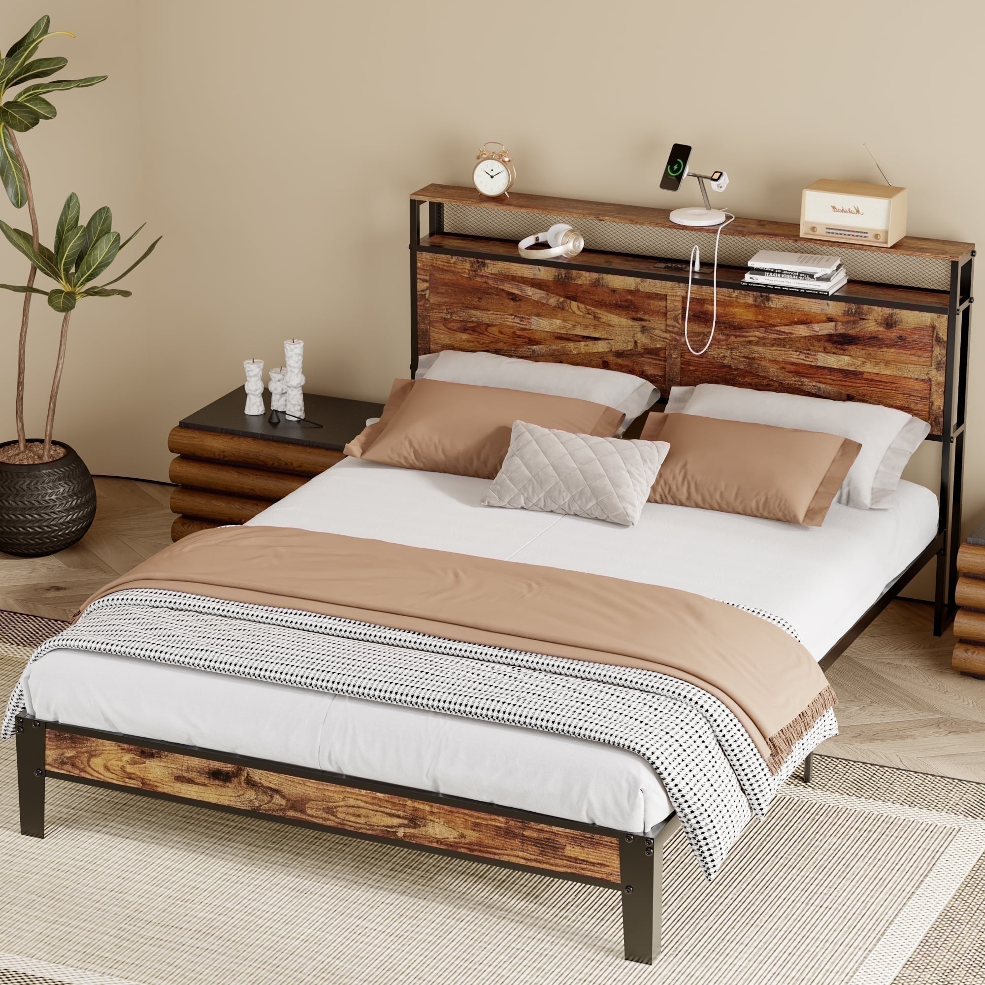 BEHOST Twin Bed Frame Heavy Duty Metal Platform with Headboard Shelf USB and Power Outlets Vintage Brown
