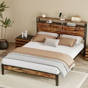 BEHOST Twin Bed Frame Heavy Duty Metal Platform with Headboard Shelf USB and Power Outlets Vintage Brown