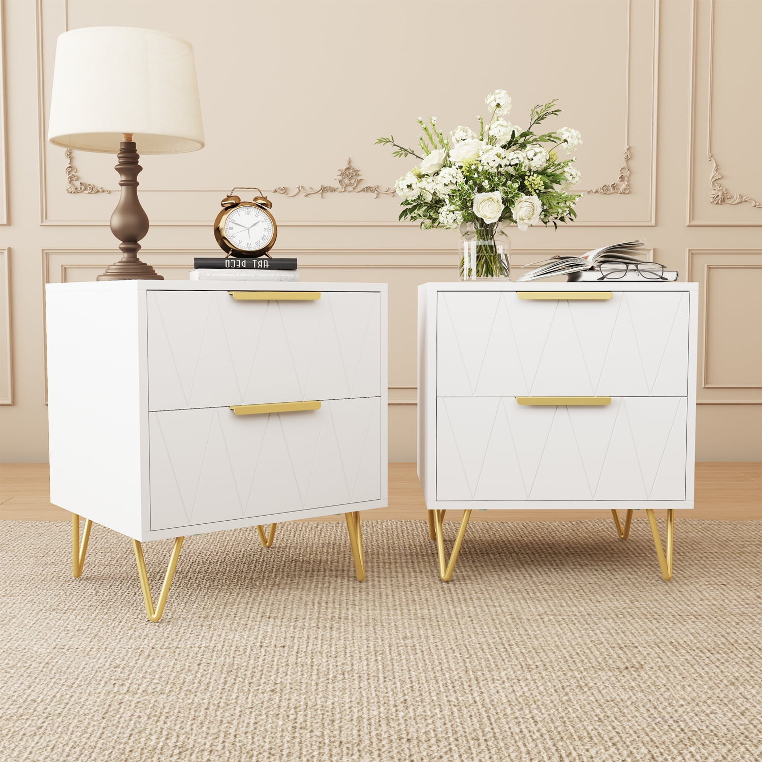 Behost White Nightstand for Bedroom Modern 2 Drawers Nightstand with Storage 2 Pack