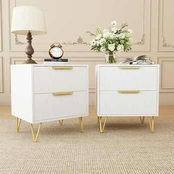 Behost White Nightstand for Bedroom,Modern 2 Drawers Nightstand with Storage,2 Pack