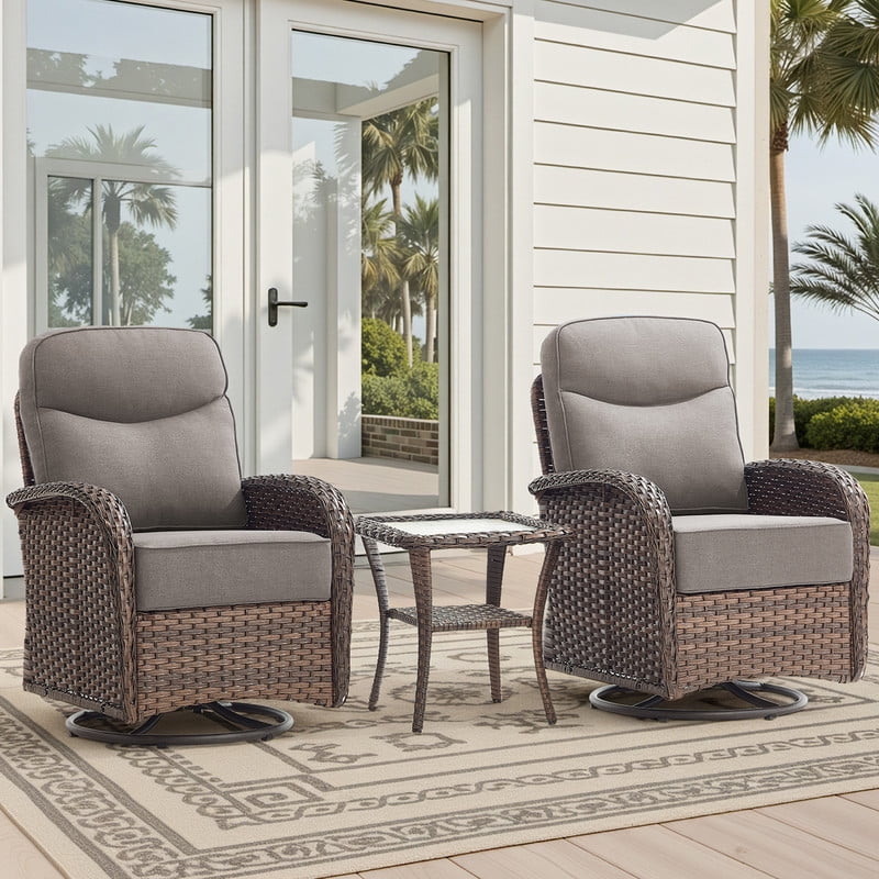 Giantfurnni 3-Piece Patio Wicker Swivel Rocking Chairs with Side Table Outdoor Rattan Conversation Furniture Patio Bistro Set with 6" Thick Cushions for Porch Garden Deck, Gray