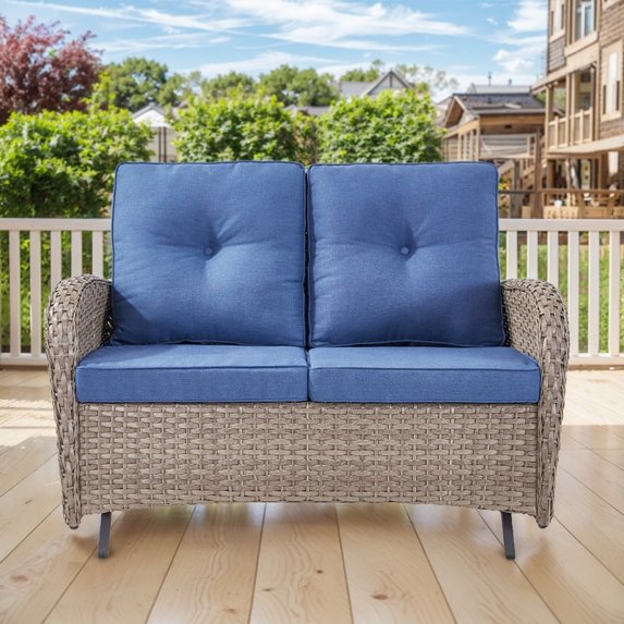 Behousewell Outdoor Glider Loveseat Sofa Wicker Rattan Glider Sofa,Patio 2 Seater Wicker Sofa with Thicking Back & Seat Cushions for Garden Balcony Backyard