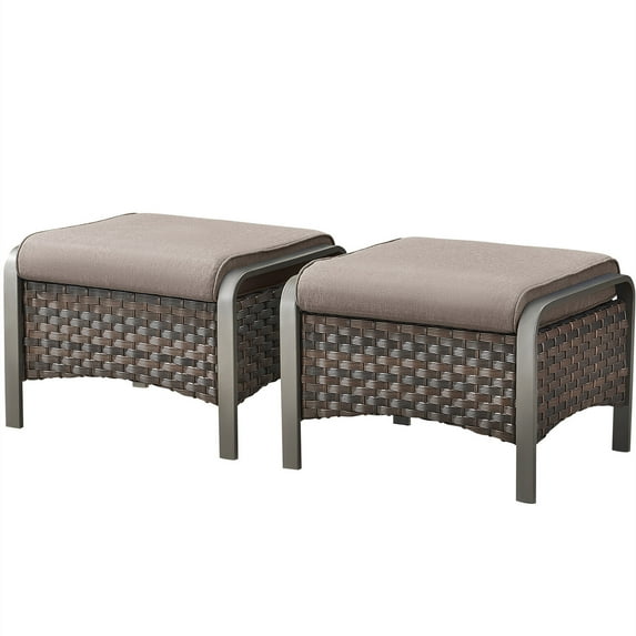 Bellefurn Outdoor Ottomans for Patio Set of 2,PE Wicker Steel Frame Outdoor Foot Rest with Removable Cushions for Patio Furniture Sets All Weather Rattan Footstool Ottoman for Balcony Backyard