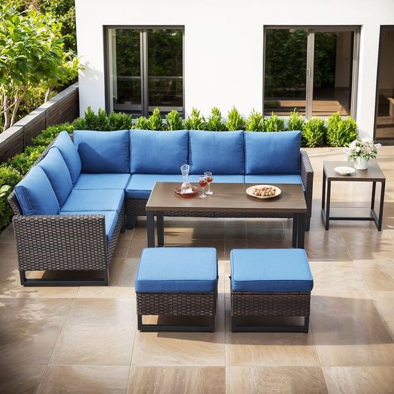 Bellefurn Outdoor Patio Conversation Set,7 Piece Wicker Outdoor Furniture Set with Swivel Glider Chair Set of 2,Sectional Sofa ,Coffee Table and Ottomans for Porch Balcony Garden Deck Yard