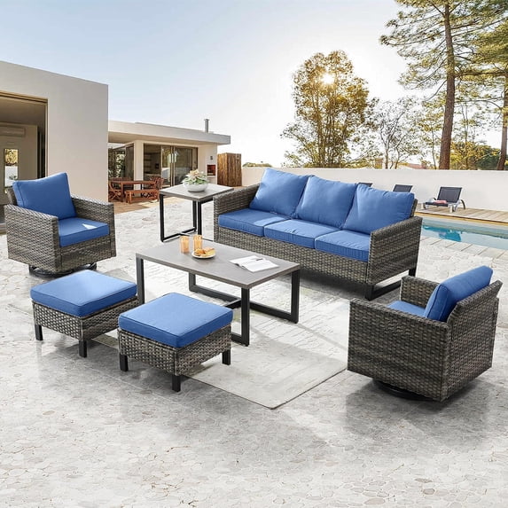 Bellefurn Outdoor Patio Conversation Set,7 Piece Wicker Outdoor Furniture Set with Swivel Glider Chair Set of 2,Sofa,Coffee Table and Ottomans for Porch Balcony Garden Deck Yard