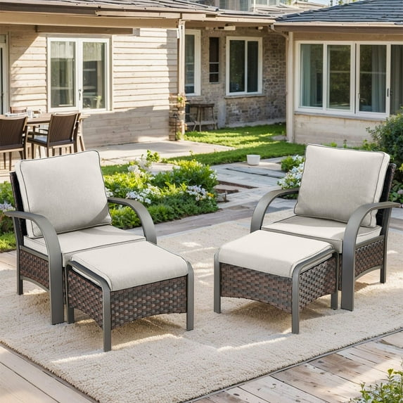 Bellefurn Patio Chairs Set of 2 with Ottoman,Wicker Outdoor Furniture Chairs Set Rattan High-Back Outdoor Chairs with Cushions for Porch,Deck,Balcony,Garden