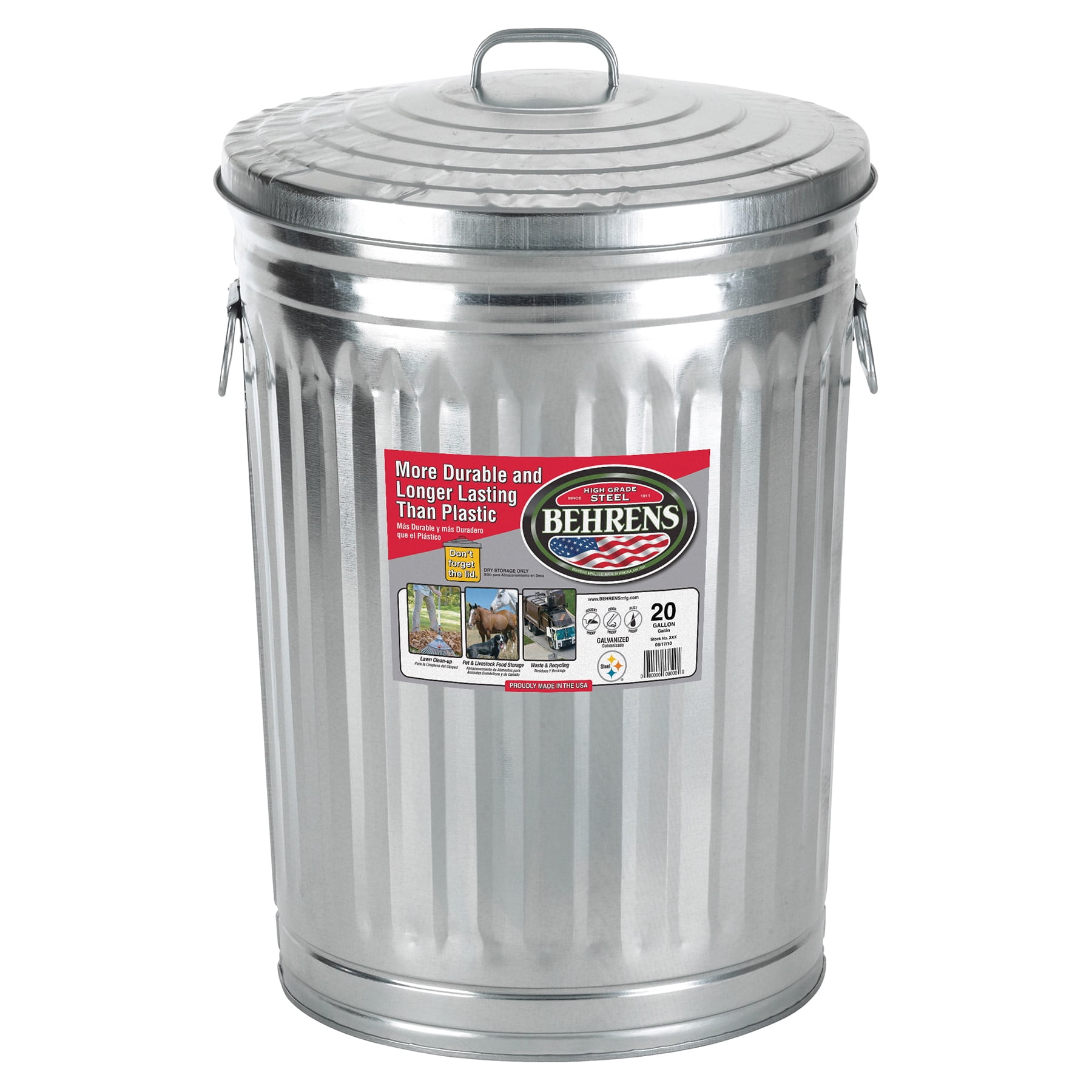 Behrens 20 gal Silver Galvanized Steel Garbage Can Lid Included Animal Proof/Animal Resistant