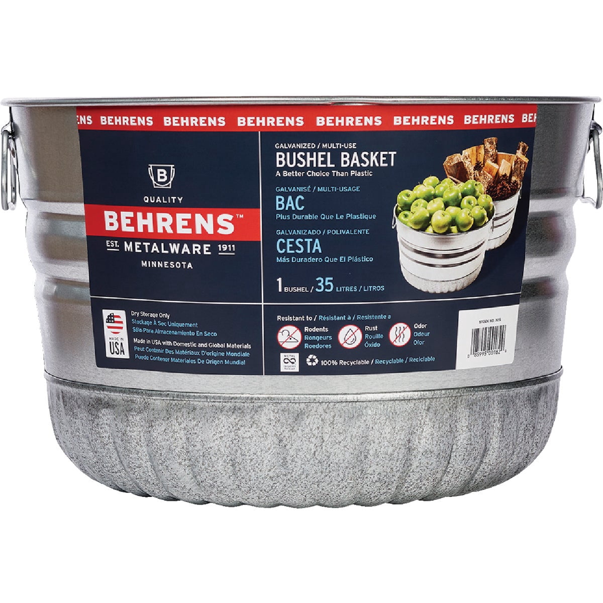 Behrens Round Galvanized Steel Tub Basket - 1-Bushel, Silver — Residential Use, Standard Application
