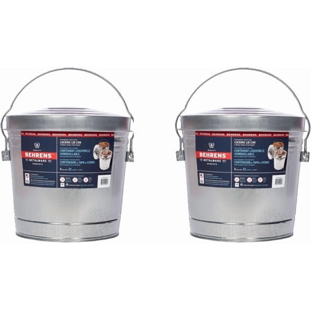 Behrens 6 Gallon Galvanized Steel Storage Can or Waste Bin w/Locking Lid & Handle (2 Cans, No Grip)
