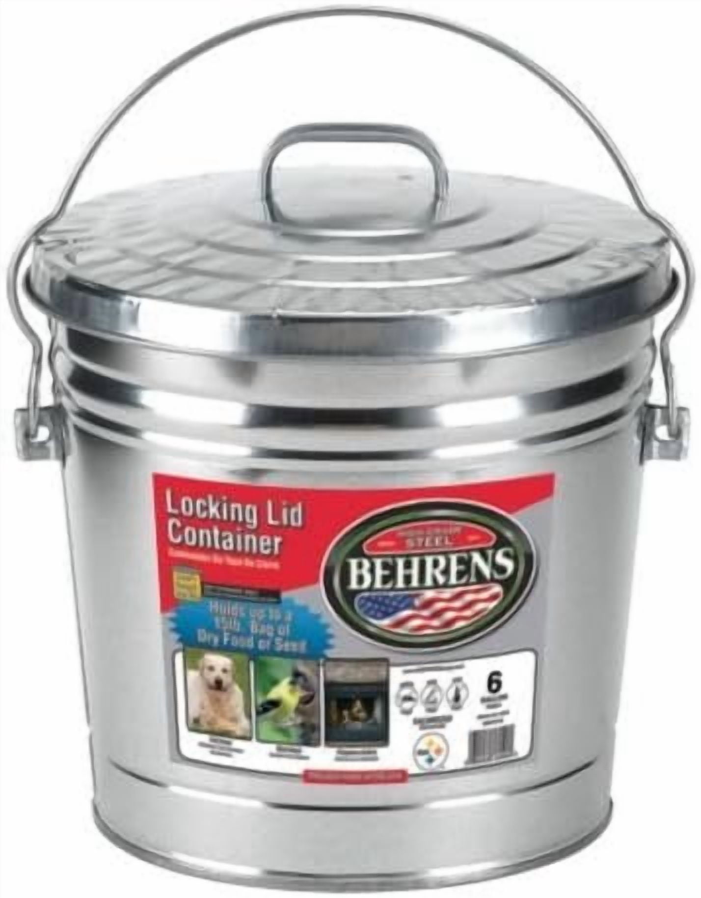 Behrens 6106K 6-Gallon Galvanized Steel Locking Lid Trash Can For Indoor And Outdoor Use