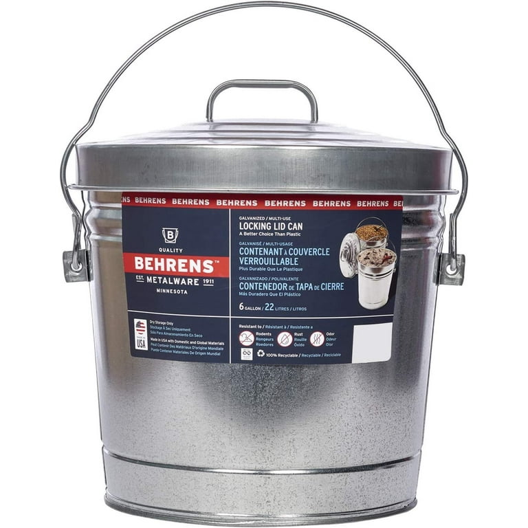 Behrens Galvanized Steel Locking Lid Trash Can, 6-Gallon, Durable