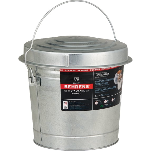Behrens Galvanized Steel Locking Lid Can, 6 Gallon Pet Food Storage Container, 6 gal Capacity