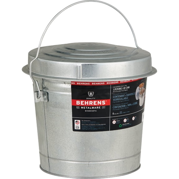 Behrens Galvanized Steel Locking Lid Can, 6 Gallon Pet Food Storage Container, 6 gal Capacity