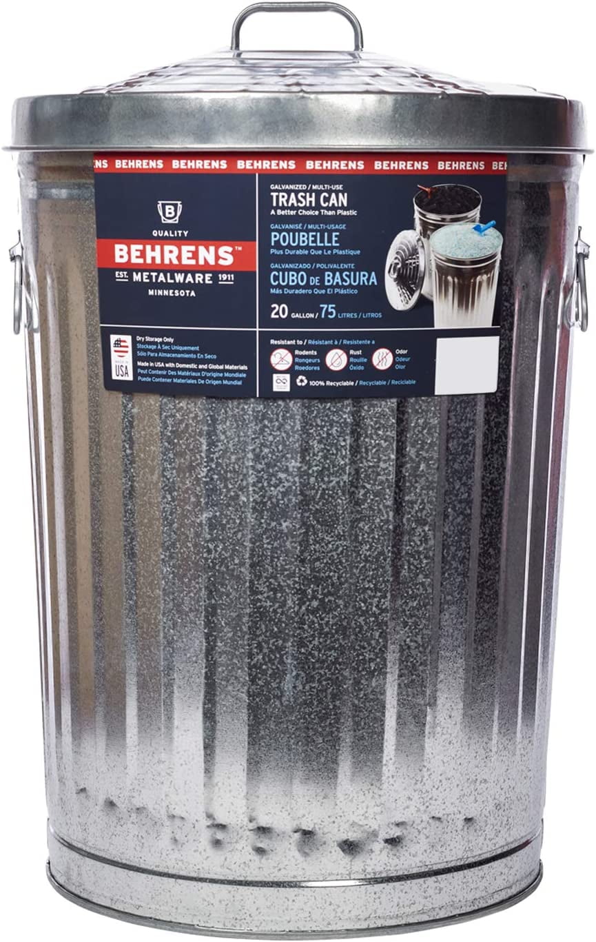 Behrens Outdoor Large Round Metal Trash Can, 20 Gallon, Galvanized