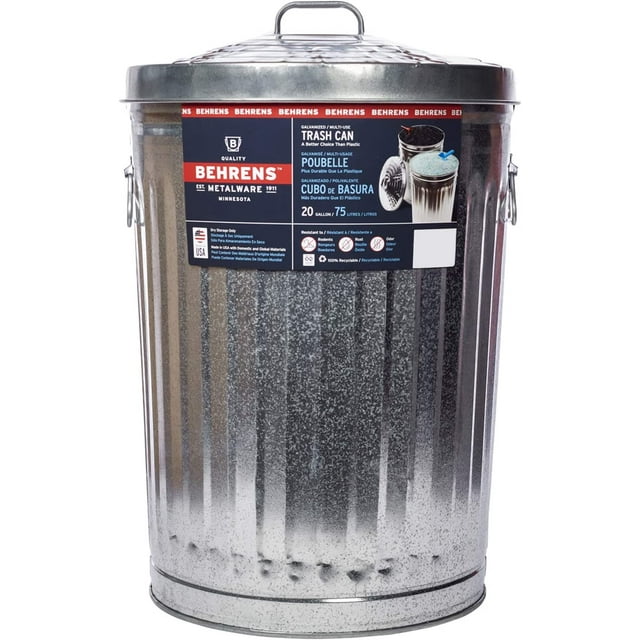 Behrens Outdoor Large Round Metal Trash Can, 20 Gallon, Galvanized