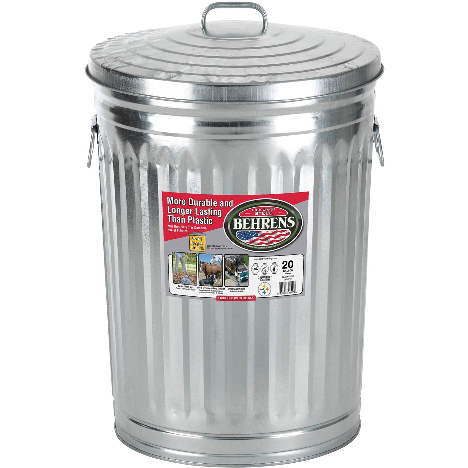 Pre-Galvanized Trash Can with Lid, Round, Steel, 20gal, Gray, Sold as 1 Each