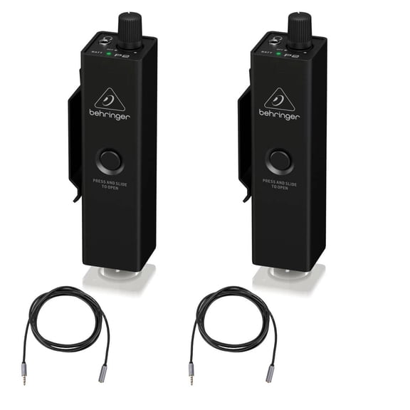 Behringer 2-Pack Powerplay P2 Ultra-Compact Personal In-Ear Monitor Amplifier, Bundle with 2x Stereo Mini Male to Stereo Mini Female Headset Extension Cable (Gold Series) 10'