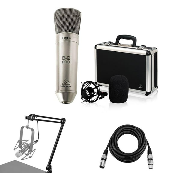 Behringer B-2 PRO Gold-Sputtered Large Dual-Diaphragm Studio Condenser Microphone W Carrying Case, Bundle with, H&A Broadcast Arm with Internal Springs and Integrated 10' XLR Cable