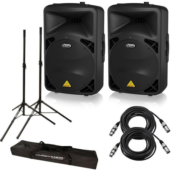 Behringer Behringer 2-Pack EUROLIVE B615D Active 1500 Watts 2-Way PA Speaker System with 15" Woofer - Bundle With Ultimate JamStands JS-TS50 Tripod-Style Speaker Stand Pair,  2 Pack 15' XLR