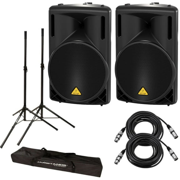 Behringer EUROLIVE 1000 Watts 2-Way Passive PA Speaker with 15" Woofer and 1.75" Driver, Titanium Bundle with Pair of Tripod-Style Speaker Stands 6' & 2x 25' XLR Cables