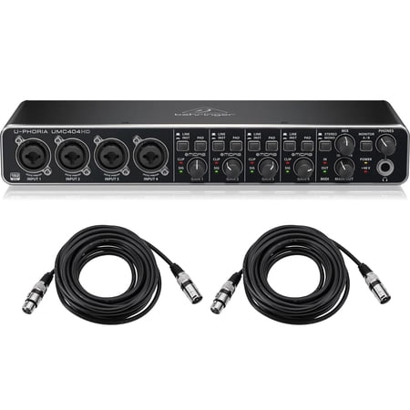Behringer U-PHORIA UMC404HD Audiophile 4x4, USB Audio/MIDI Interface with MIDAS Mic Preamplifiers - With 10' Stereo 3.5mm Mini Male to Two Mon -1/4in Phone Plugs, Y-Cable, 3-Pk 20' 8mm XLR Mic Cable