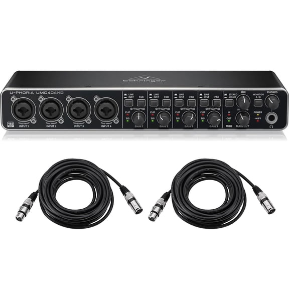 Behringer U-PHORIA UMC404HD Audiophile 4x4, USB Audio/MIDI Interface with MIDAS Mic Preamplifiers - With 10' Stereo 3.5mm Mini Male to Two Mon -1/4in Phone Plugs, Y-Cable, 3-Pk 20' 8mm XLR Mic Cable