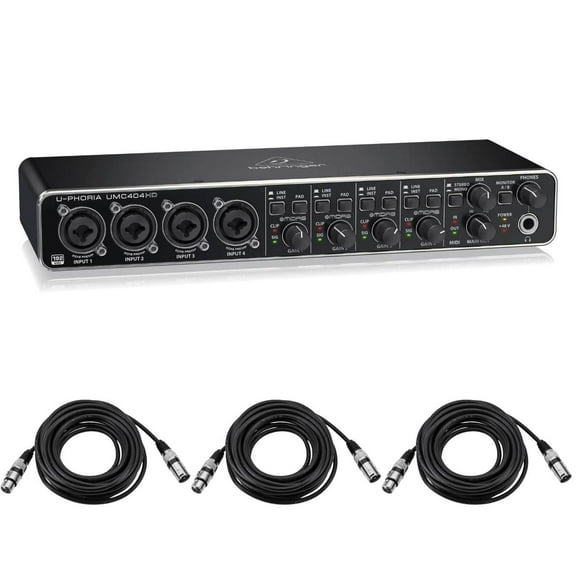 Behringer U-PHORIA UMC404HD Audiophile 4x4, USB Audio/MIDI Interface with MIDAS Mic Preamplifiers - With 10' Stereo 3.5mm Mini Male to Two Mon -1/4in Phone Plugs, Y-Cable, 3-Pk 20' 8mm XLR Mic Cable