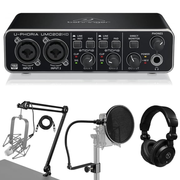 Behringer U-Phoria UMC202HD USB Audio Interface, Bundle with, Broadcast Arm with Internal Springs and Integrated 10' XLR Microphone Cable, Closed-Back Studio Monitor Headphones, Pop Filter (6 Items)