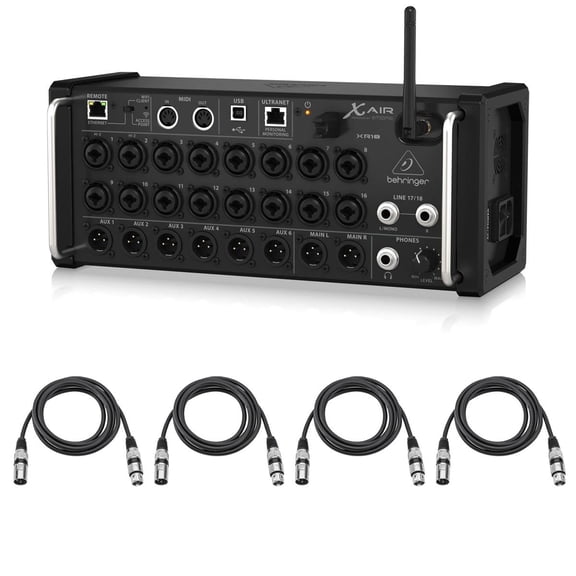 Behringer XAir XR18 18-Channel 12-Bus Portable Digital Mixer for iPad or Android Tablet, with Integrated Wi-Fi, 16 Midas-Designed Preamps, - With 4 Pack 15' XLR (M) to XLR (F) Microphone Cables