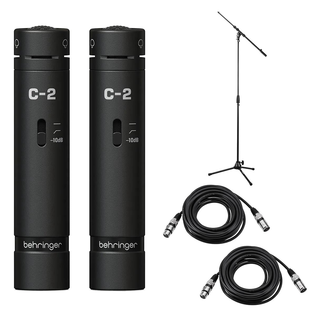 Behringer C-2 Dark Edition Matched Studio Condenser Microphones, Black, Pair, Bundle with 2x Tripod Stand with Telescoping Boom and 2x Value Series XLR M to F Microphone Cable