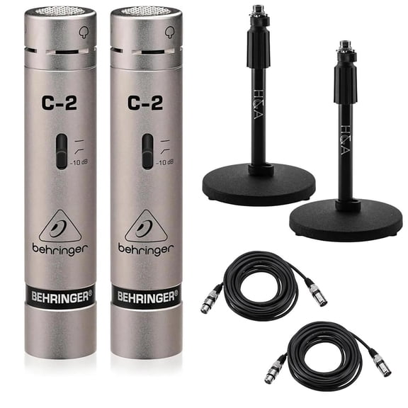 Behringer C-2 Matched Studio Condenser Microphones, Pair, Bundle with 2x Microphone Stand and 2x 25' XLR Microphone Cable