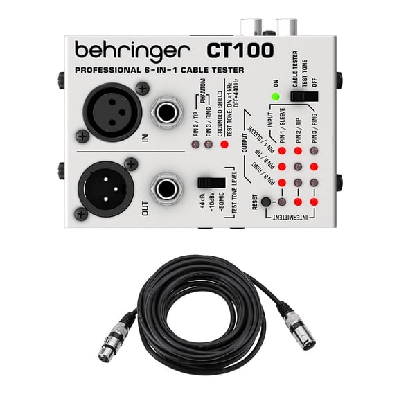 Behringer CT100 Microprocessor Controlled 6-in-1 Cable Tester, Bundle with 25' Value Series XLR Male to Female Professional Microphone Cable
