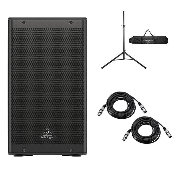 Behringer DR110DSP 10" 1000W Powered PA Speaker System with DSP and 2-Channel Mixer, Bundle with Speaker Stand and 2x 25' XLR Microphone Cable