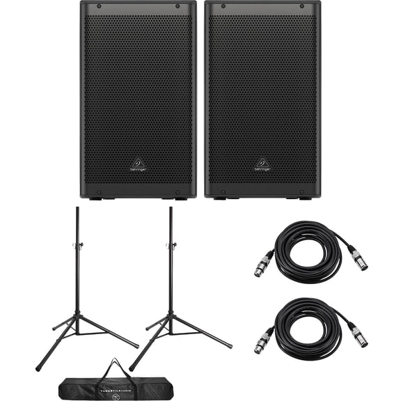 Behringer DR112DSP Active 1200W 12" PA Speaker System, 2-Pack, Bundle with 2x 15' Value Series XLR M to F Cable and 2x 10' Auxilary Cable
