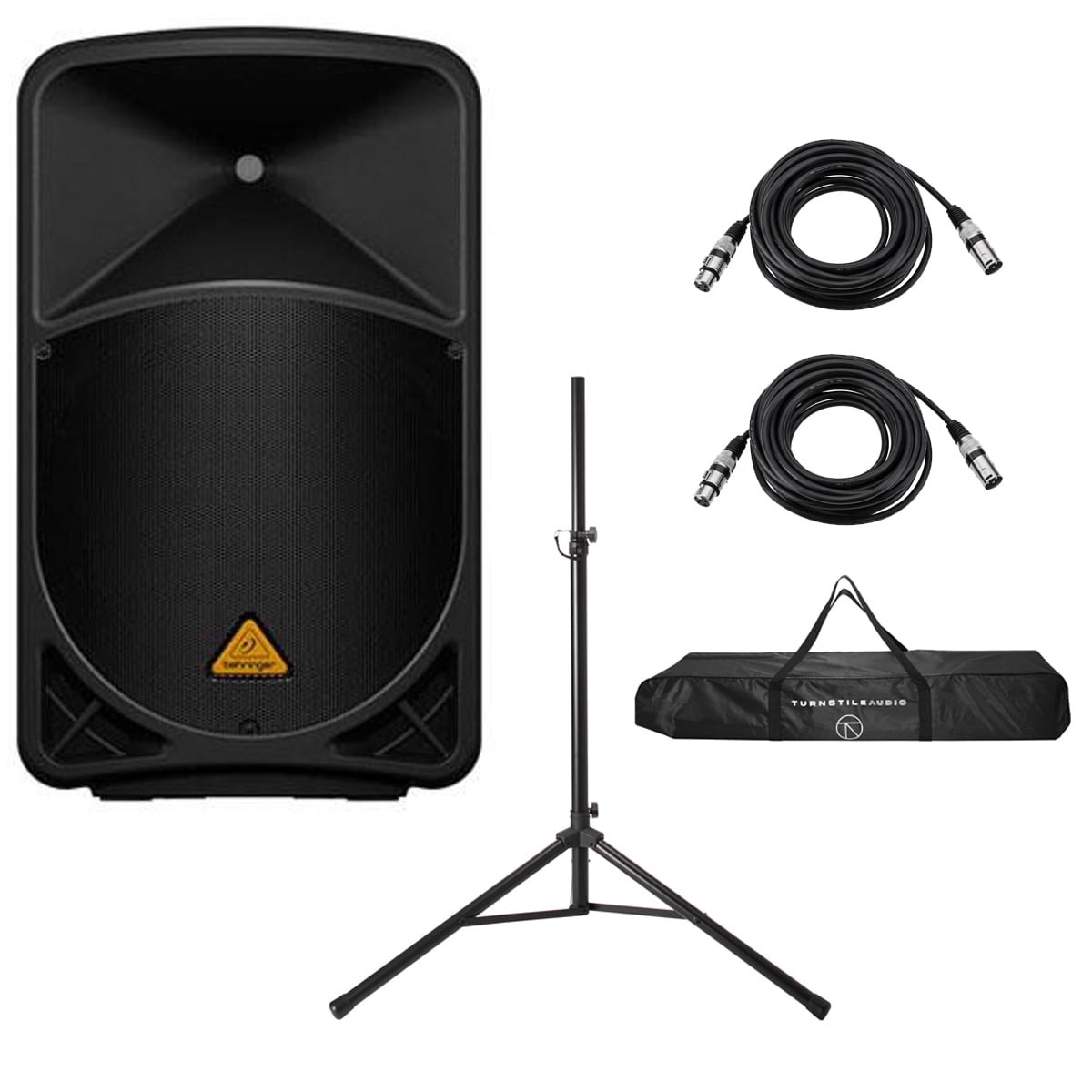 Behringer EUROLIVE B115D Active 1000W 2-Way 15" PA Speaker System, Bundle with Turnstile Audio Speaker Stand and 2x H&A 25' XLR Microphone Cable
