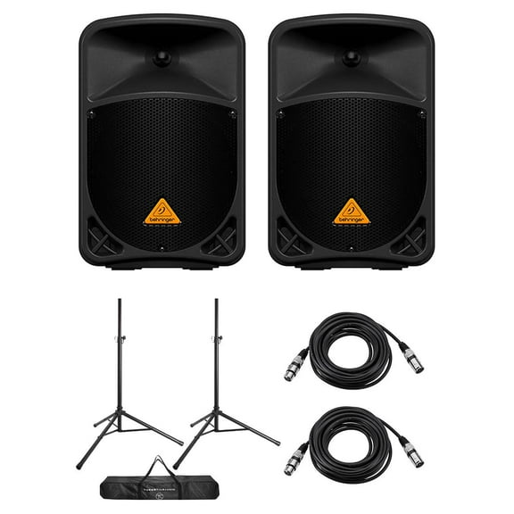 Behringer Eurolive B110D 10" 300W 2-Way Active PA Powered Speaker, Pair, Bundle with Speaker Stands and XLR Cables