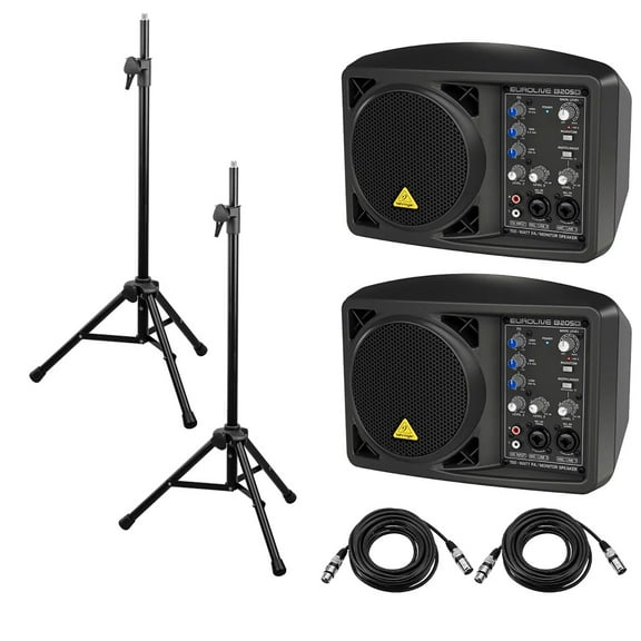 Behringer Eurolive B205D Multi-purpose 150 Watt Active PA and Monitor Speaker System Bundle With H&A Reflection Filter Tripod Mic Stand, 2 H&A 25' XLR Cables