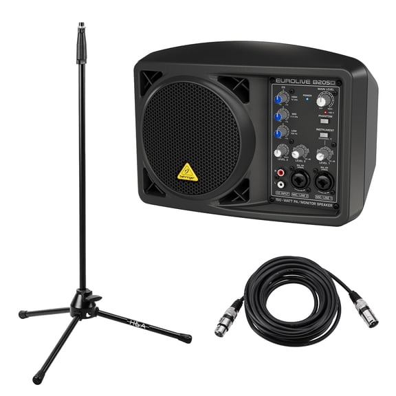 Behringer Eurolive B205D 5.25" Ultra-Compact 150W Active PA Monitor Speaker System, Bundle with Mic Stand and 25' XLR Microphone Cable