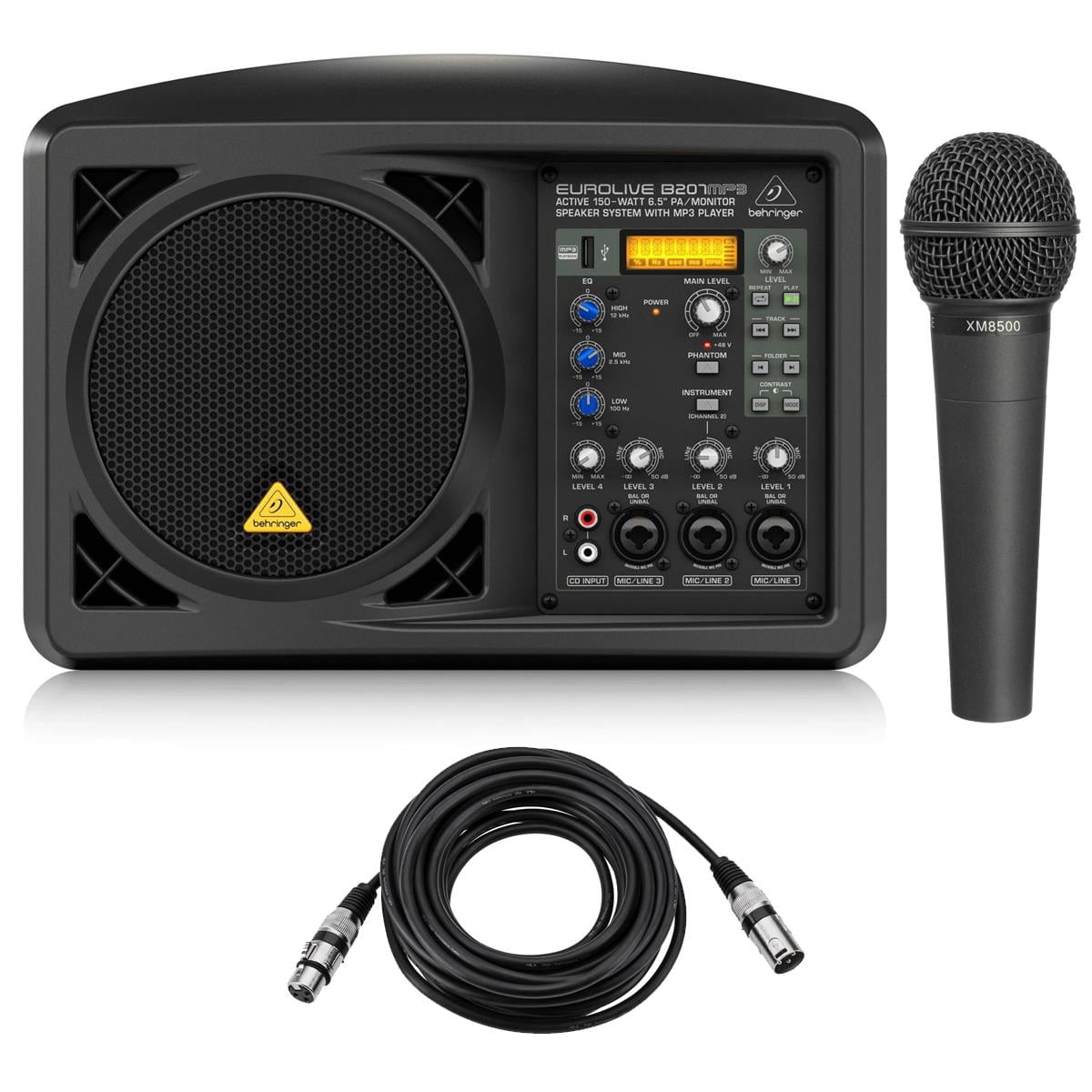 Behringer Eurolive B207MP3 Active 150-Watt 6.5" Powered PA/Monitor System with MP3 Player - Bundle With Behringer ULTRAVOICE XM8500 Cardioid Vocal Microphone , 15' 8mm XLR Microphone Cable