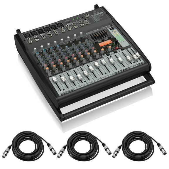 Behringer Europower PMP500 500W 12-Channel Powered Mixer with KLARK TEKNIK Multi-FX Proces sor, Compressors, FBQ Feedback Detection System with 3x 25' XLR M to XLR F Cable