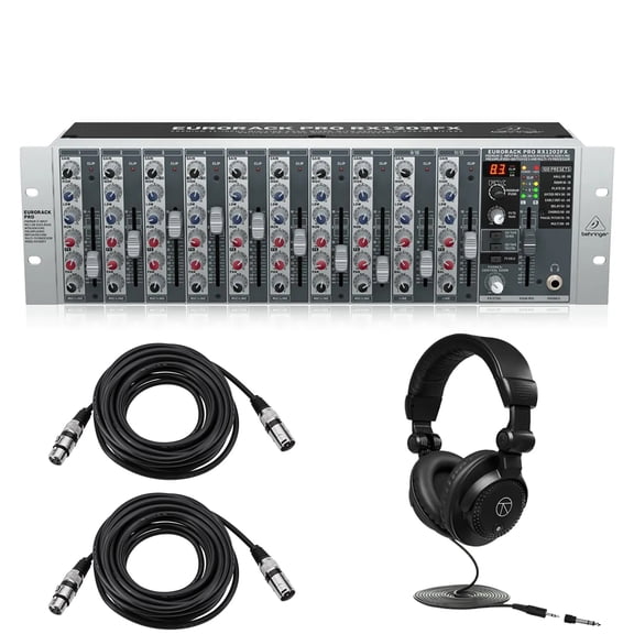 Behringer Eurorack Pro RX1202FX Premium 12-Input Mic/Line Rack Mixer, Bundle with TAPH100 Monitor Headphones and 2x 25' XLR Microphone Cable