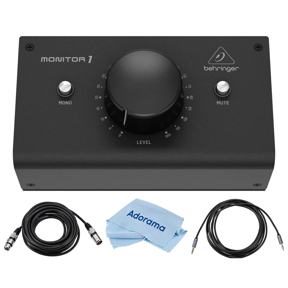 Behringer MONITOR1 Premium Passive Stereo Monitor and Volume Controller - Bundle With 10' 8mm XLR Microphone Cable, 6' Cable with 3.5mm TRS to 3.5mm TRS Connector, Microfiber Cloth