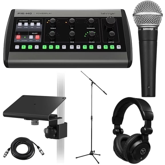 Behringer P16-HQ POWERPLAY 16-Channel Personal Monitoring Mixer, Bundle with SM58-LC Microphone, Mounting Bracket, Mic Stand, Headphones, 25' XLR Mic Cable