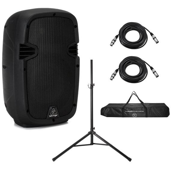 Behringer PK108A Active 240W 2-Way 8" PA Speaker System, Bundle with Turnstile Audio Speaker Stand and 2x H&A 25' XLR Microphone Cable