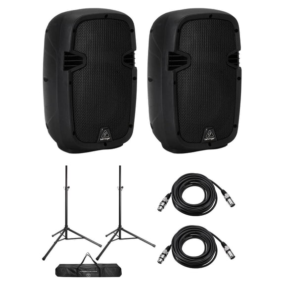 Behringer PK108A 8" 240W 2-Way Active PA Powered Speaker, Pair, Bundle with Speaker Stands and XLR Cables