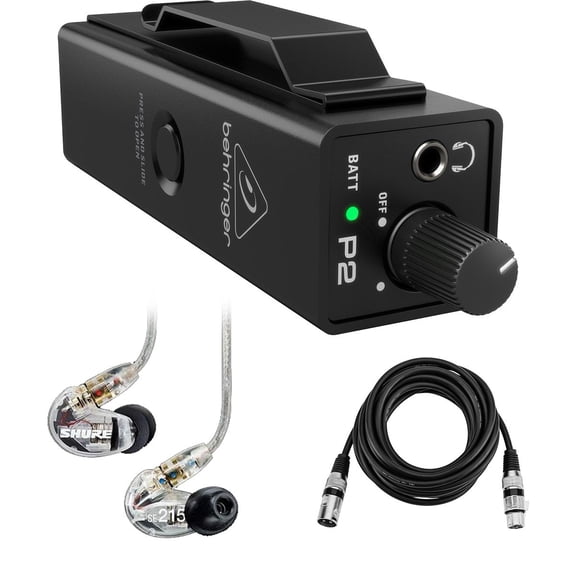 Behringer Powerplay P2 Ultra-Compact Personal In-Ear Monitor Amplifier, Bundle With Shure SE215 Sound-Isolating In-Ear Stereo Earphones, Clear, H&A 10' Value Series XLR M to F Professional