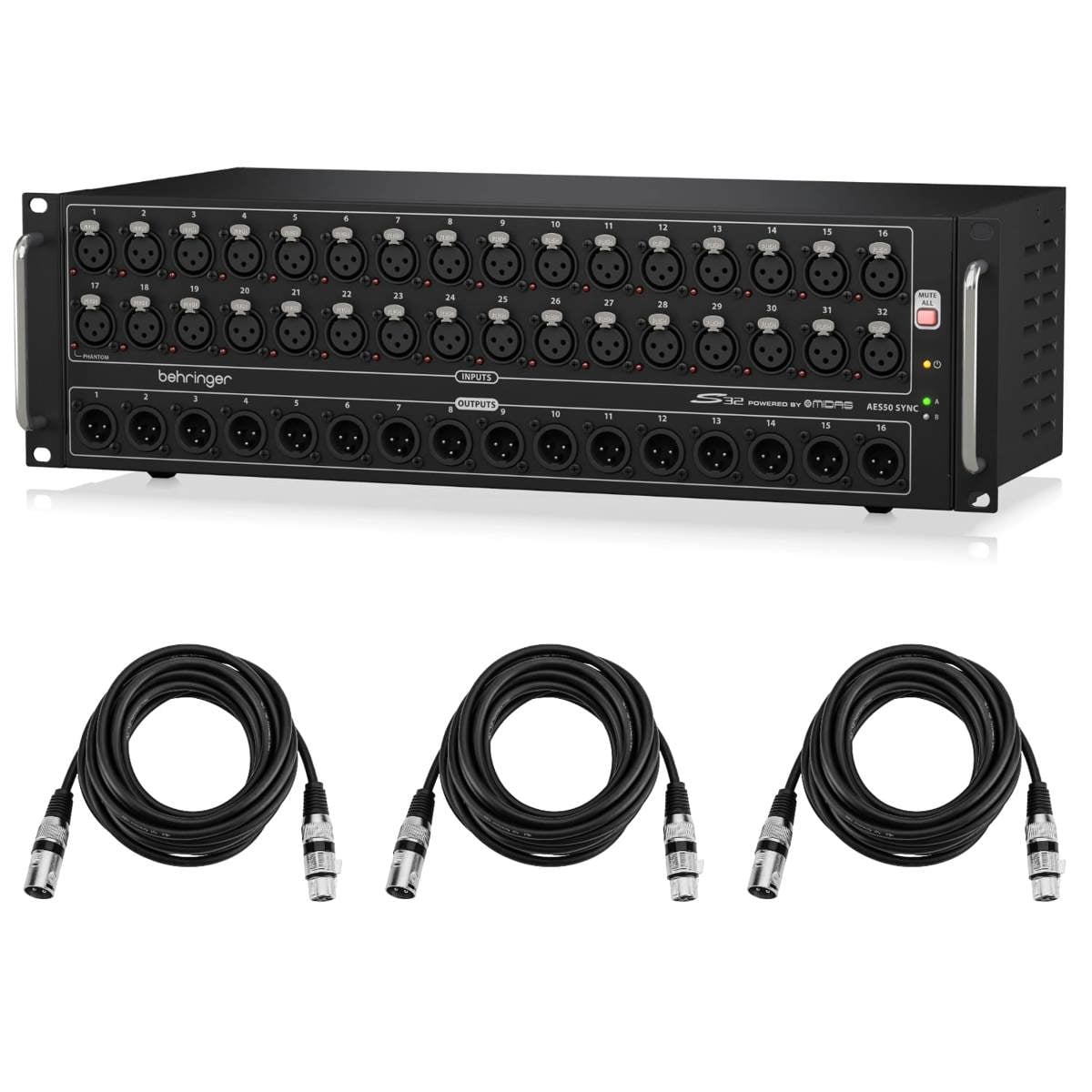 Behringer S32 I/O Box with 32x Remote-Controllable Midas Preamps, Bundle With 3x 25' XLR M to F Professional Microphone Cables