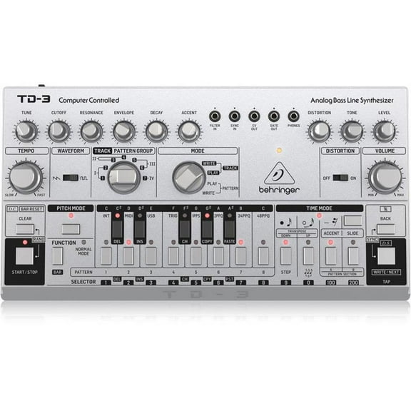 Behringer TD-3 Analog Bass Line Synthesizer with VCO/VCF, 16-Step Sequencer/16-Voice Poly Chain, Distortion Effects, Silver