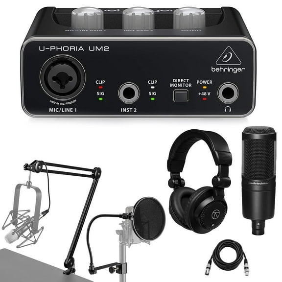 Behringer U-PHORIA UM2 2x2 USB Audio Interface, Bundle with AT2020 Microphone and Studio Monitor Headphones, Pop Filter, Broadcast Arm with Internal Springs Integrated 10' XLR Microphone Cable (6
